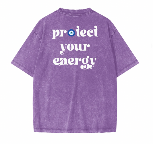 Protect Your Energy – Washed Purple Unisex Oversized Cotton Tee