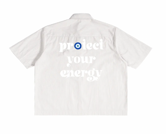 Protect Your Energy – Oversized Beige Striped Cotton Shirt