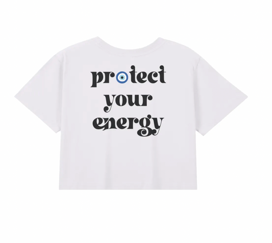 Protect Your Energy – White Cropped Lightweight Cotton Tee